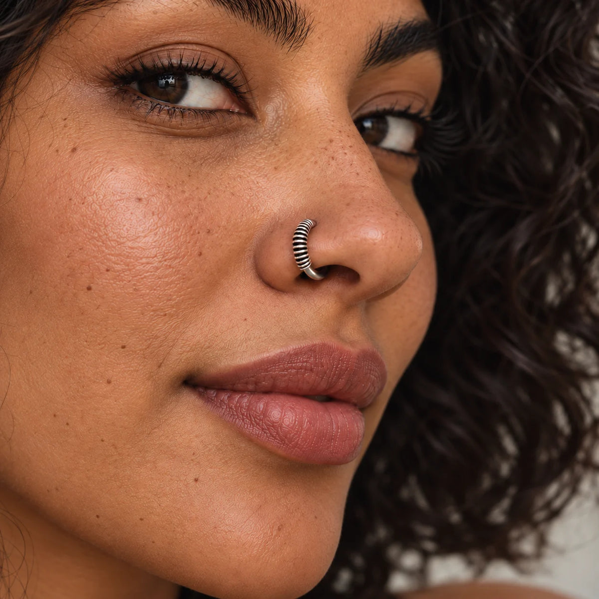 Silver Nose Ring with Ribbed Coil Design & Minimalist Hoop