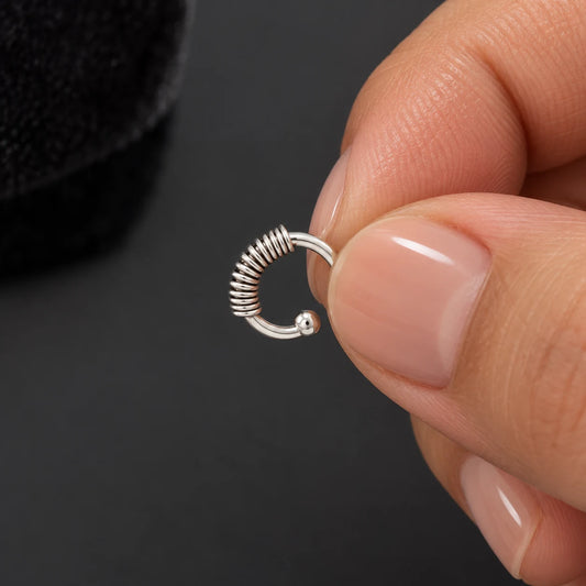 Silver Nose Ring with Ribbed Coil Design & Minimalist Hoop