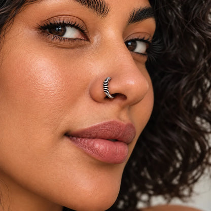 Silver Nose Ring with Ribbed Coil Design & Minimalist Hoop
