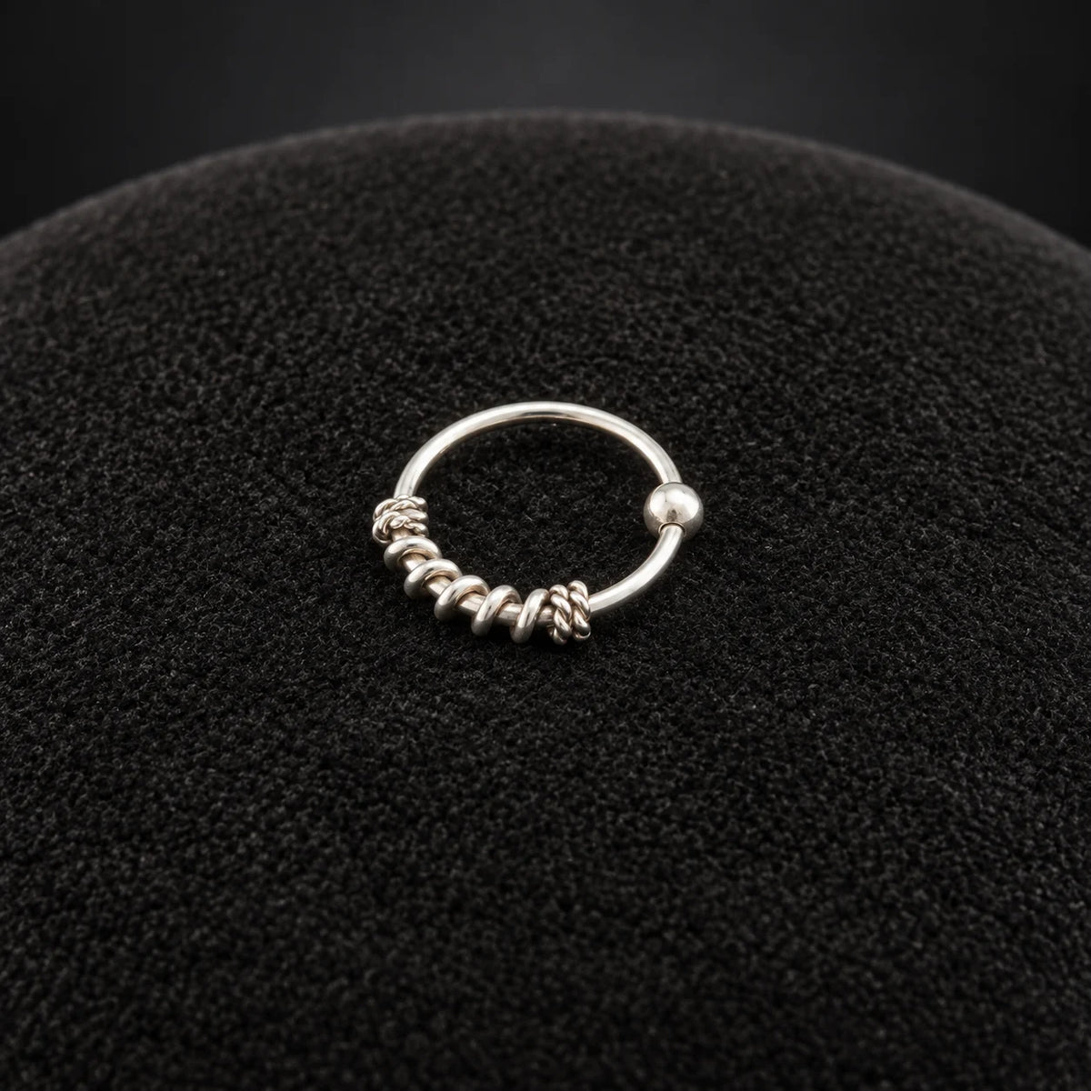 Silver Nose Ring with Twisted Wire Wrap & Textured Hoop Design