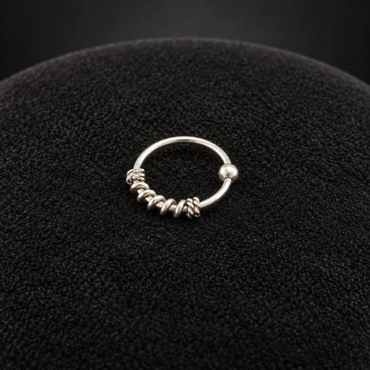 Silver Nose Ring with Twisted Wire Wrap & Textured Hoop Design