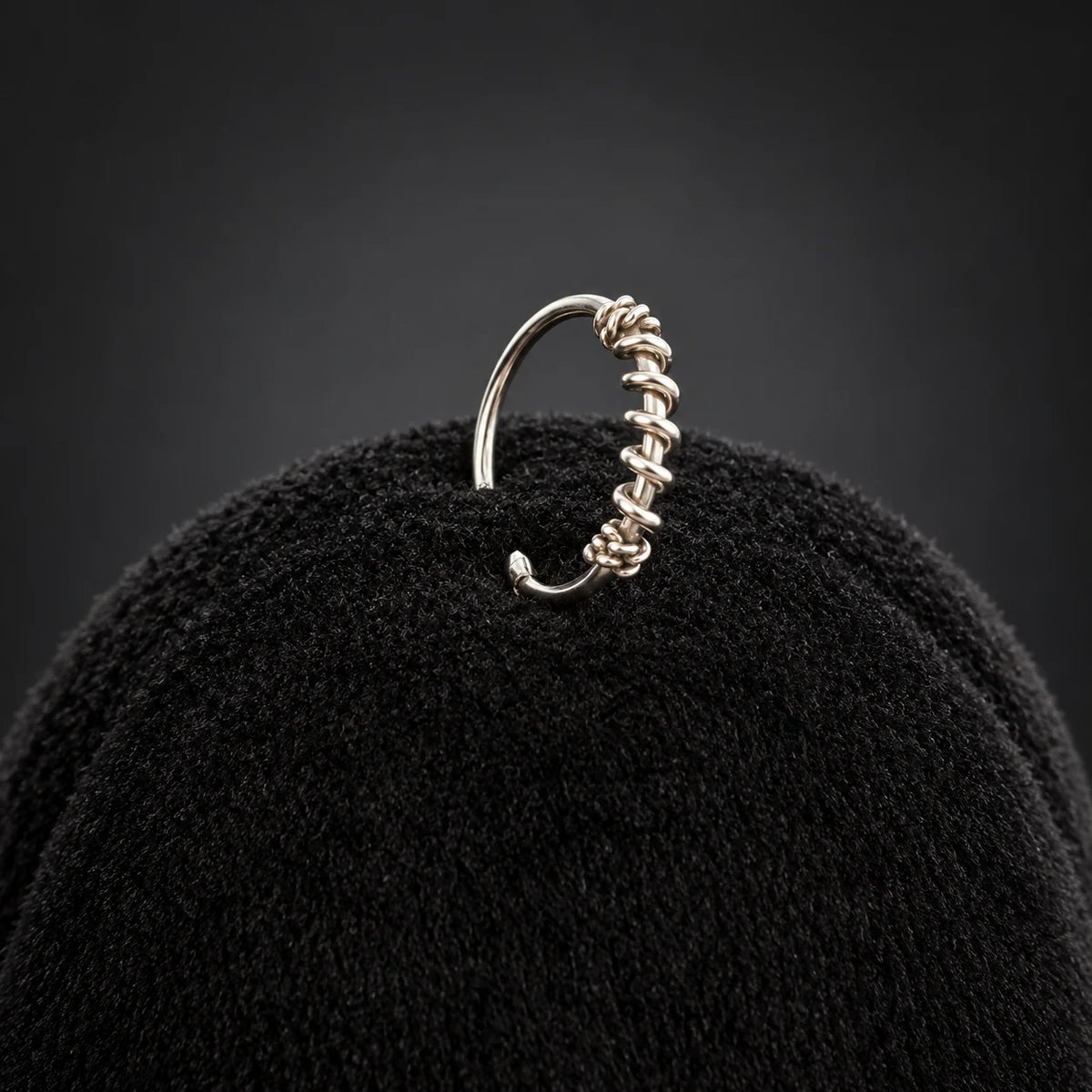 Silver Nose Ring with Twisted Wire Wrap & Textured Hoop Design