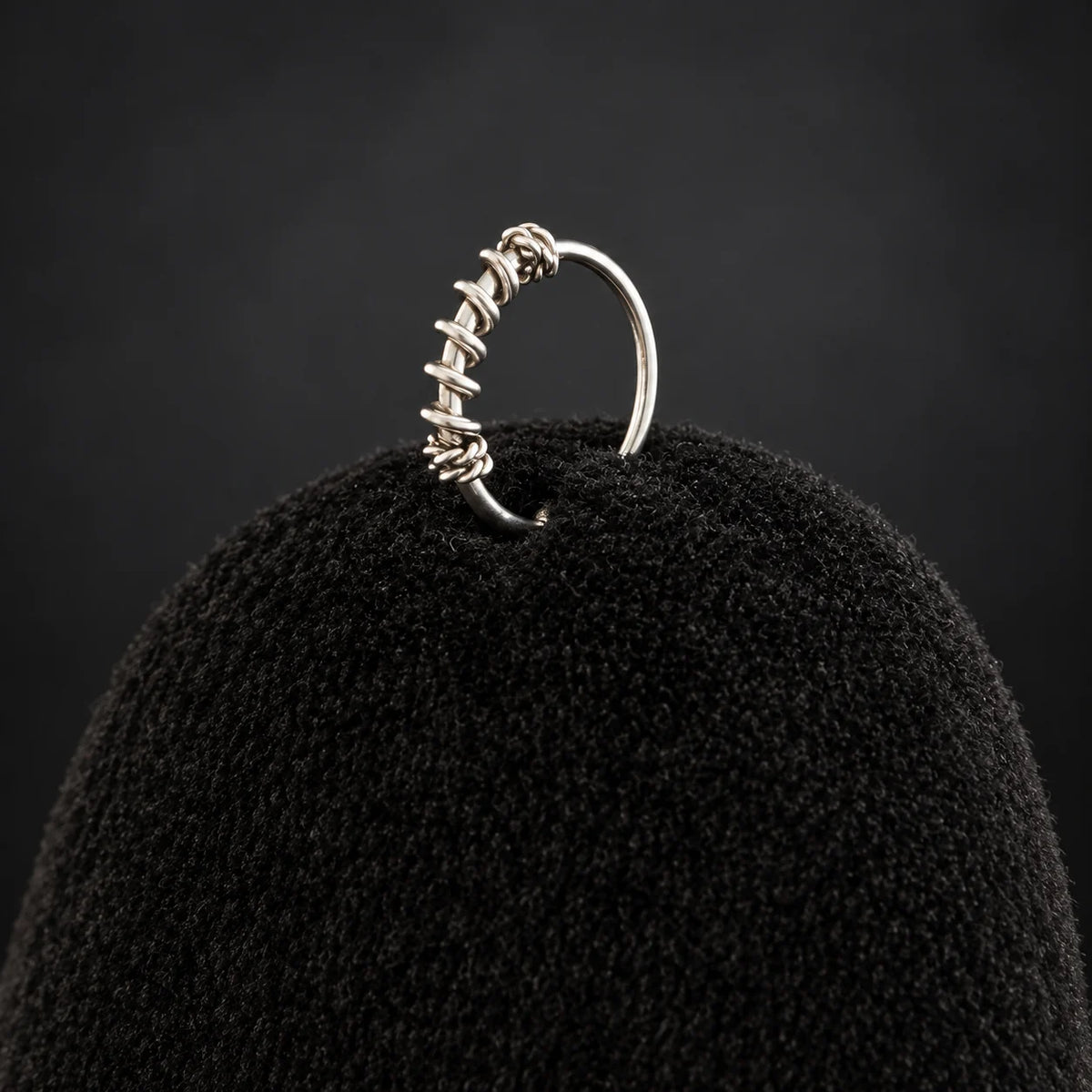 Silver Nose Ring with Twisted Wire Wrap & Textured Hoop Design