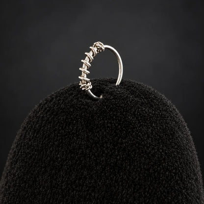 Silver Nose Ring with Twisted Wire Wrap & Textured Hoop Design
