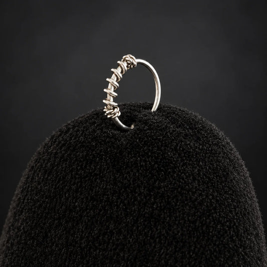 Silver Nose Ring with Twisted Wire Wrap & Textured Hoop Design