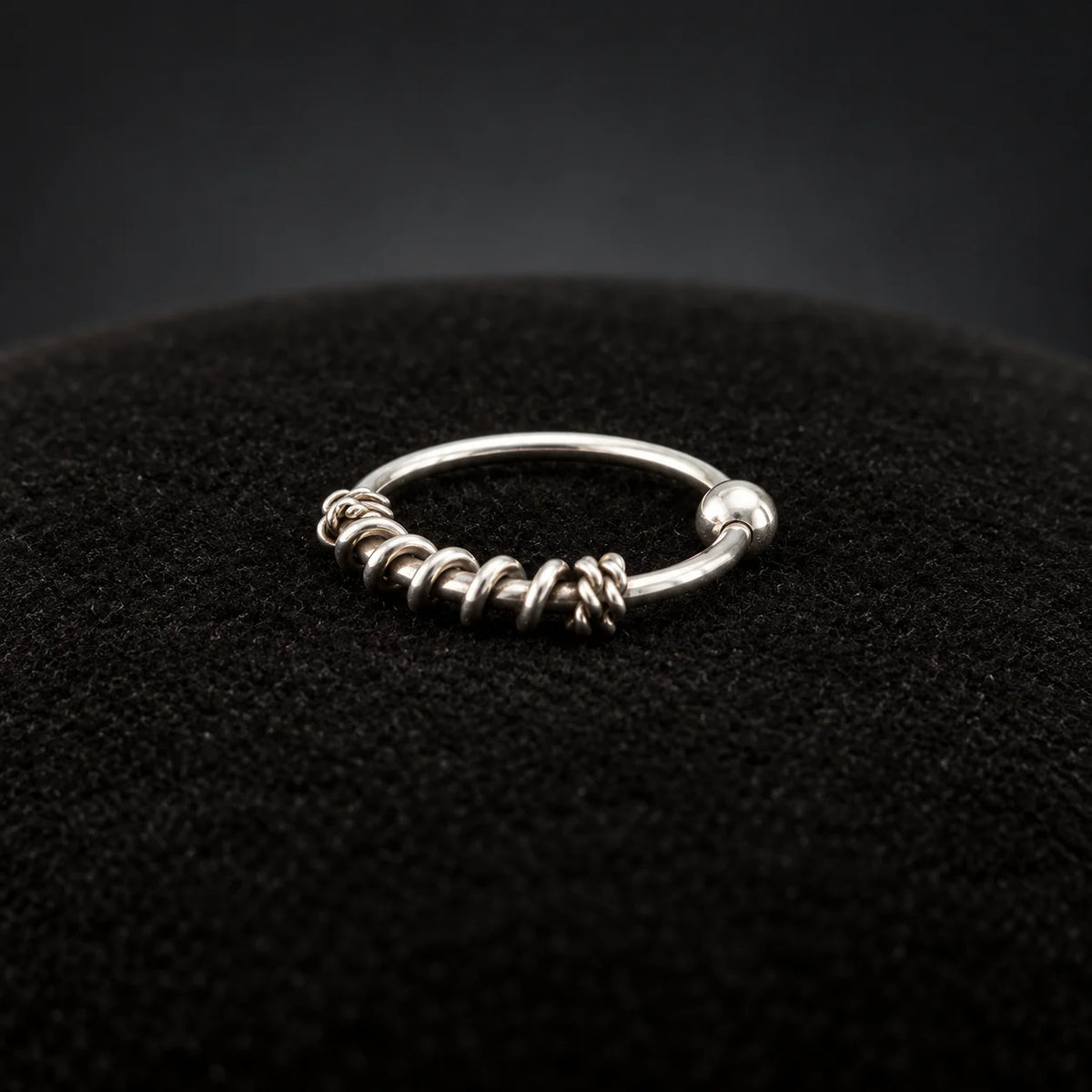 Silver Nose Ring with Twisted Wire Wrap & Textured Hoop Design