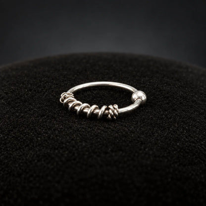 Silver Nose Ring with Twisted Wire Wrap & Textured Hoop Design