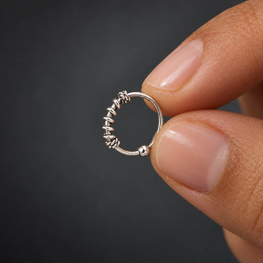 Silver Nose Ring with Twisted Wire Wrap & Textured Hoop Design