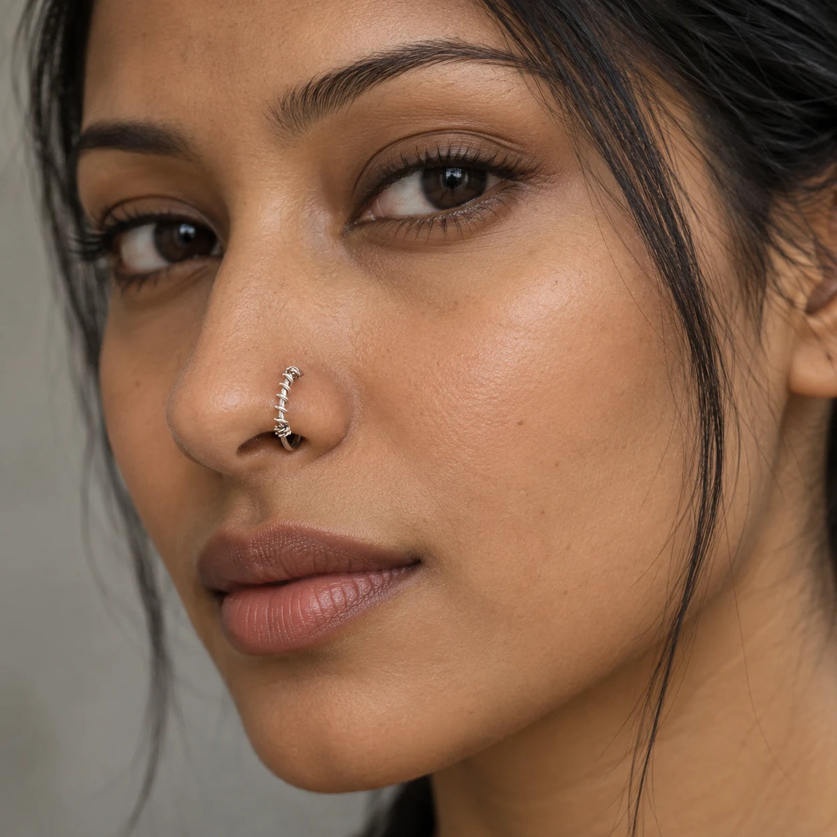 Silver Nose Ring with Twisted Wire Wrap & Textured Hoop Design