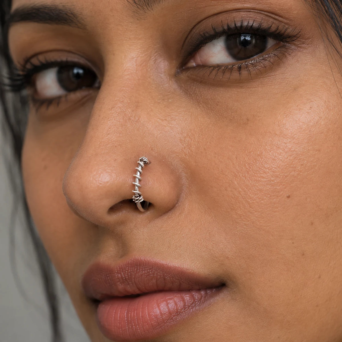 Silver Nose Ring with Twisted Wire Wrap & Textured Hoop Design