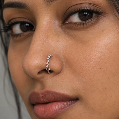 Silver Nose Ring with Twisted Wire Wrap & Textured Hoop Design