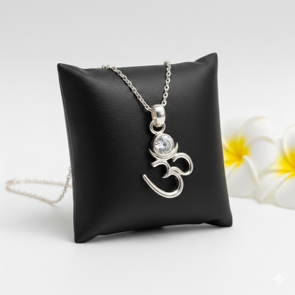 Silver Om Chand Pendant with Chain