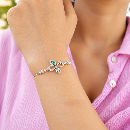 Silver Peacock Feather Bracelet with Trishul
