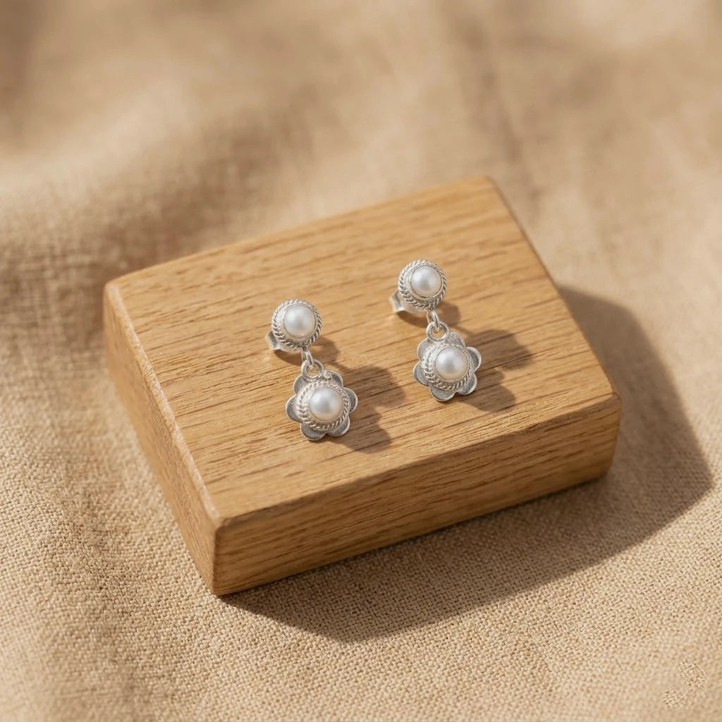 Silver Pearl Blossom Earrings
