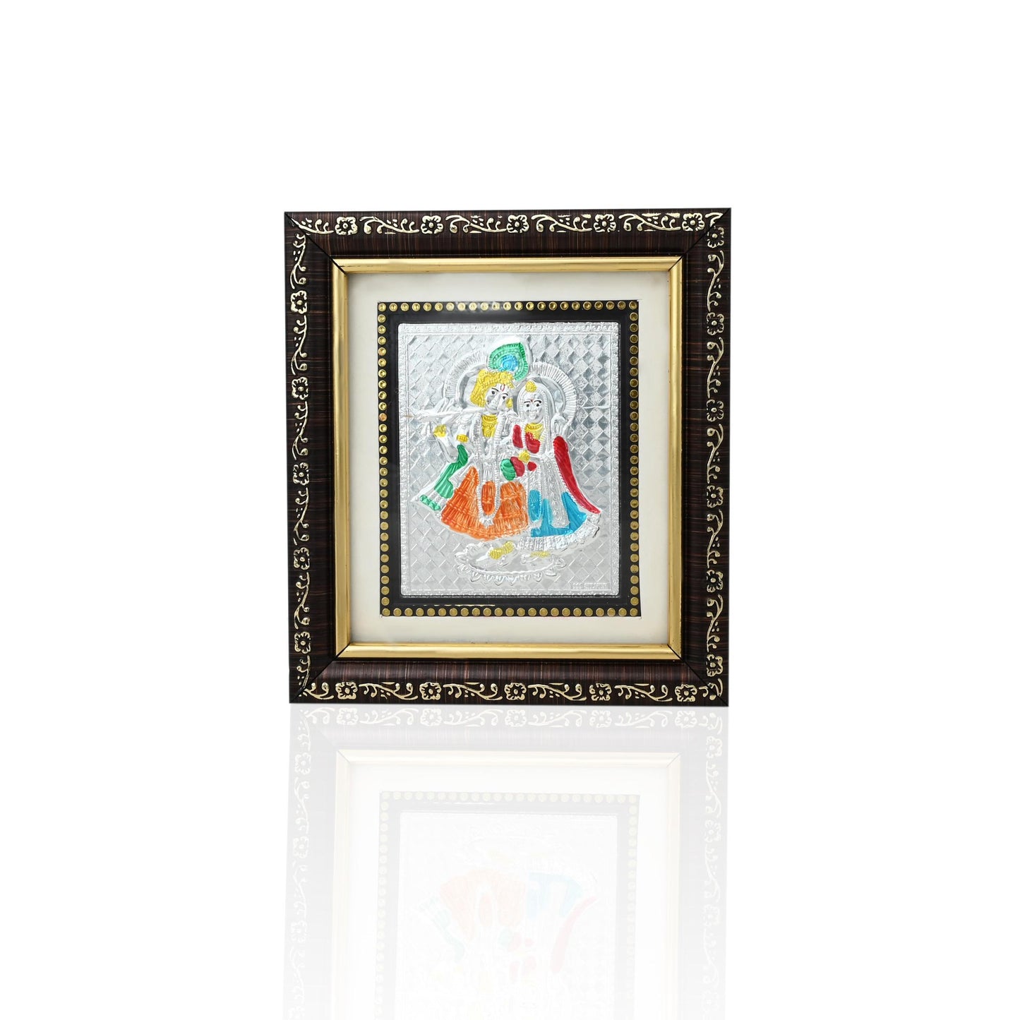 This silver picture frame features a stunning depiction of the selfless love shared between Radha and Krishna. Crafted with intricate detail, it serves as a beautiful reminder of devotion and companionship. 