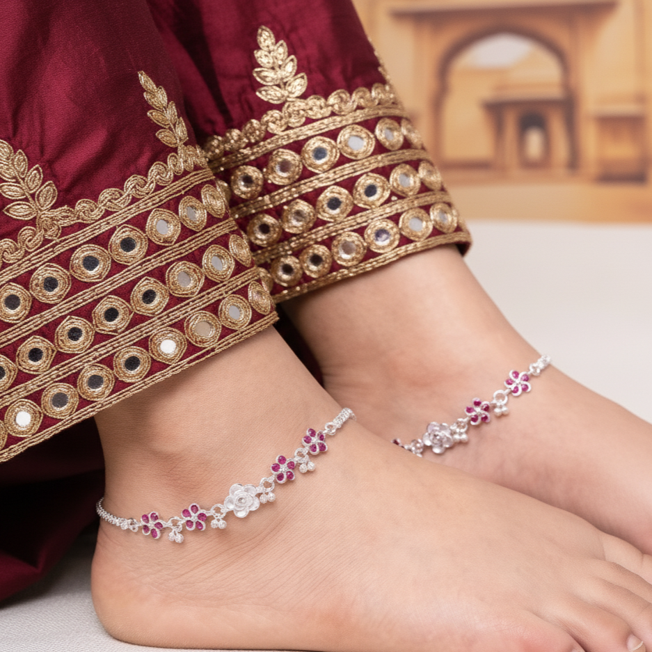 Silver Pink Floral Payal Delicate Flower Design Anklet