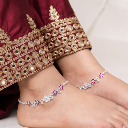 Silver Pink Floral Payal Delicate Flower Design Anklet