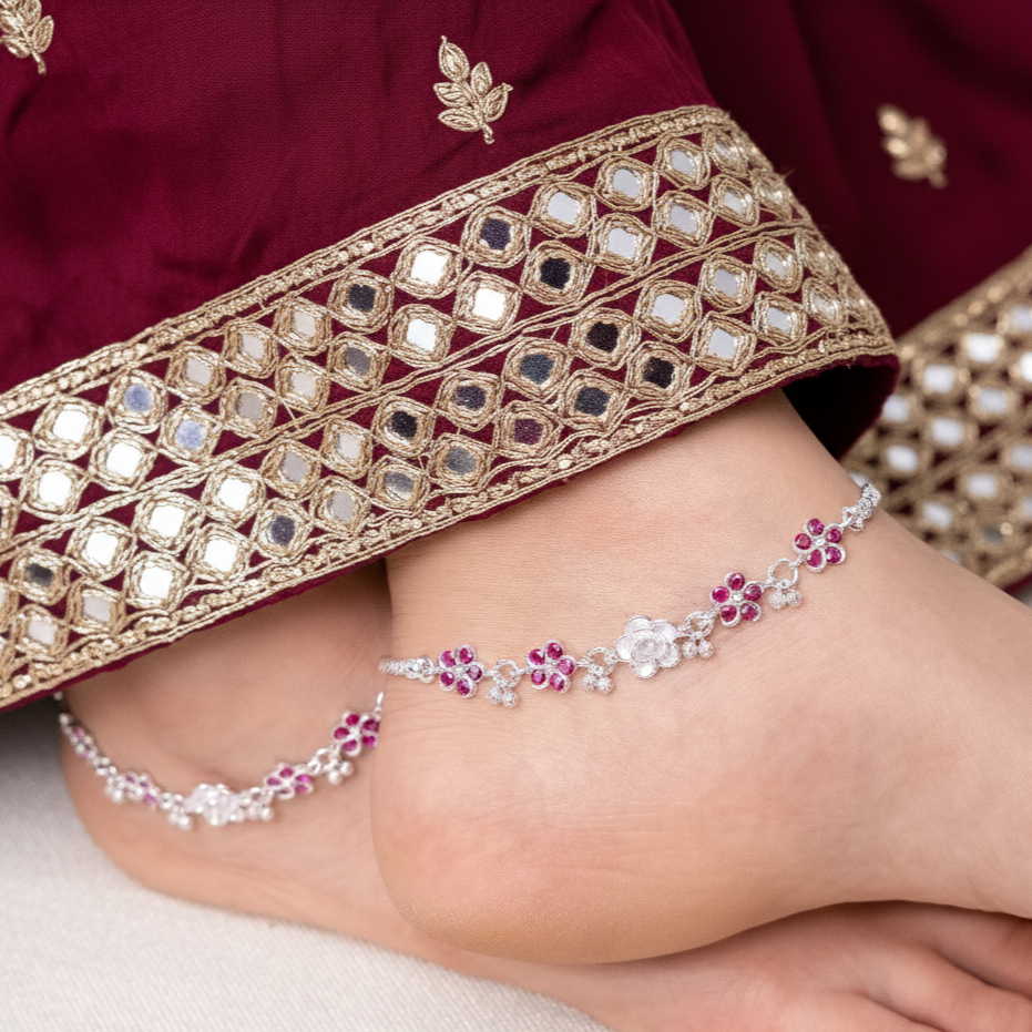 Silver Pink Floral Payal Delicate Flower Design Anklet