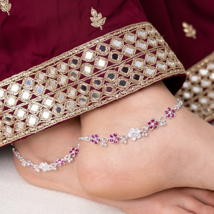 Silver Pink Floral Payal Delicate Flower Design Anklet
