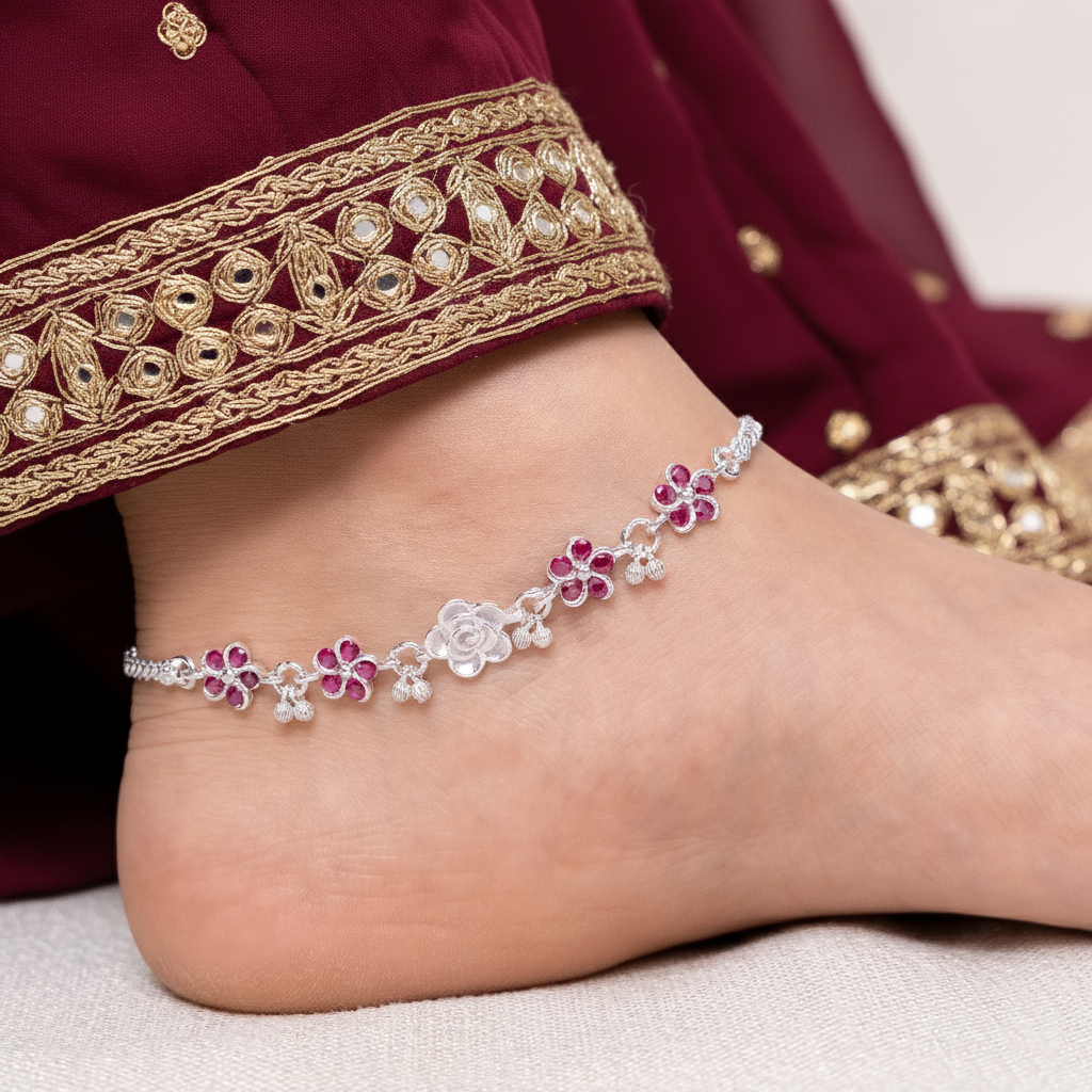 Silver Pink Floral Payal Delicate Flower Design Anklet