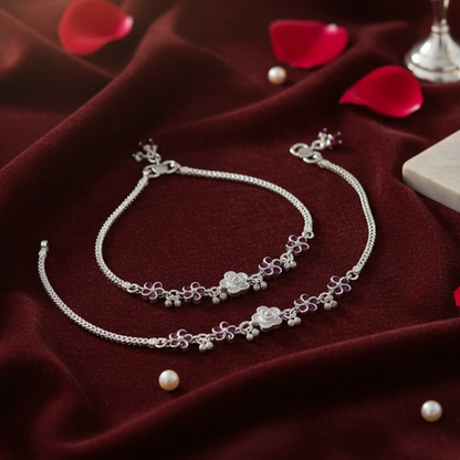 Silver Pink Floral Payal Delicate Flower Design Anklet