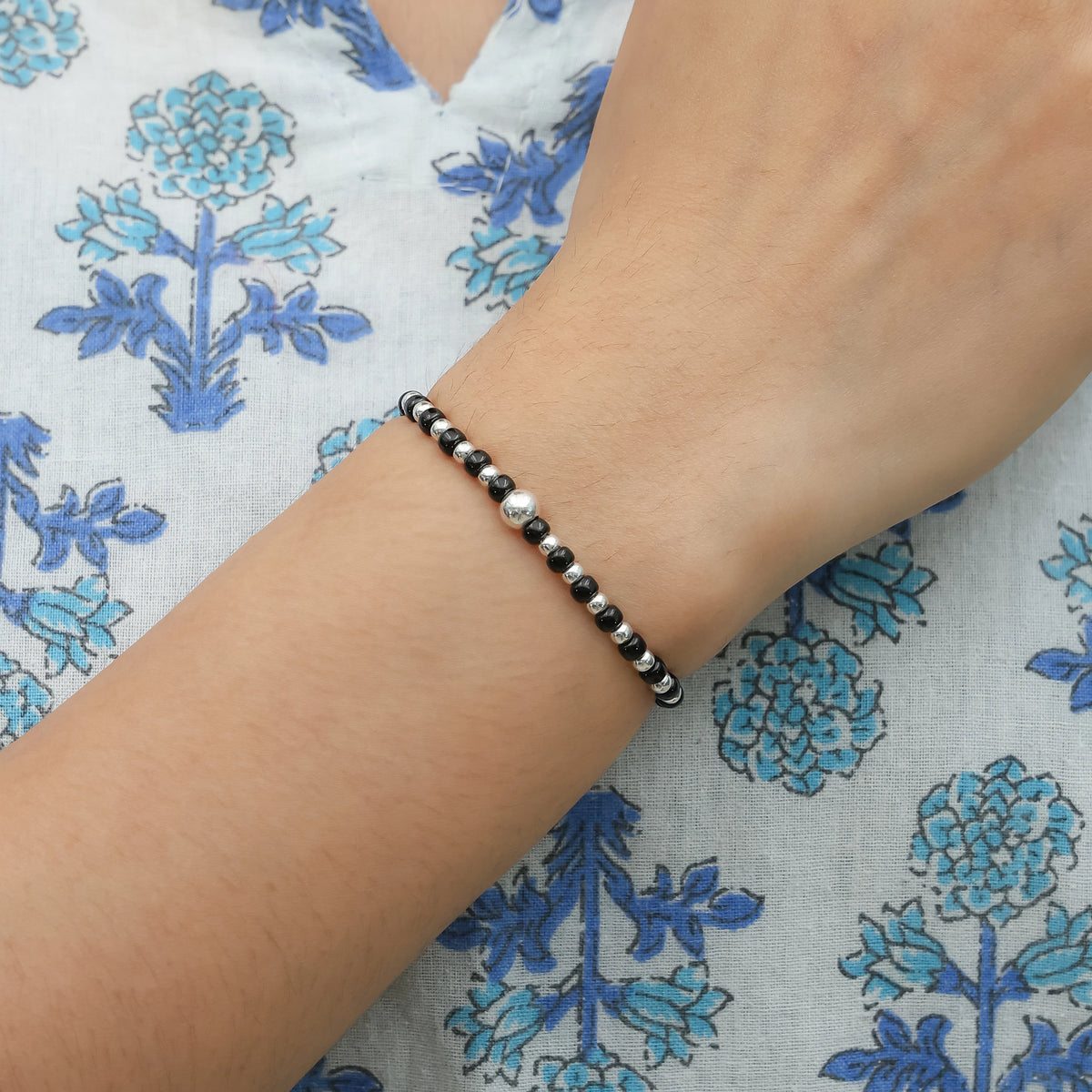 Silver Plain Moti & Black Buds Bracelet for women
