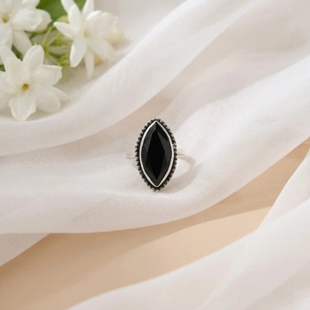 Silver Precious Beady Black Stone Ring