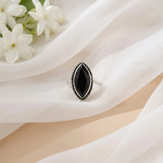 Silver Precious Beady Black Stone Ring