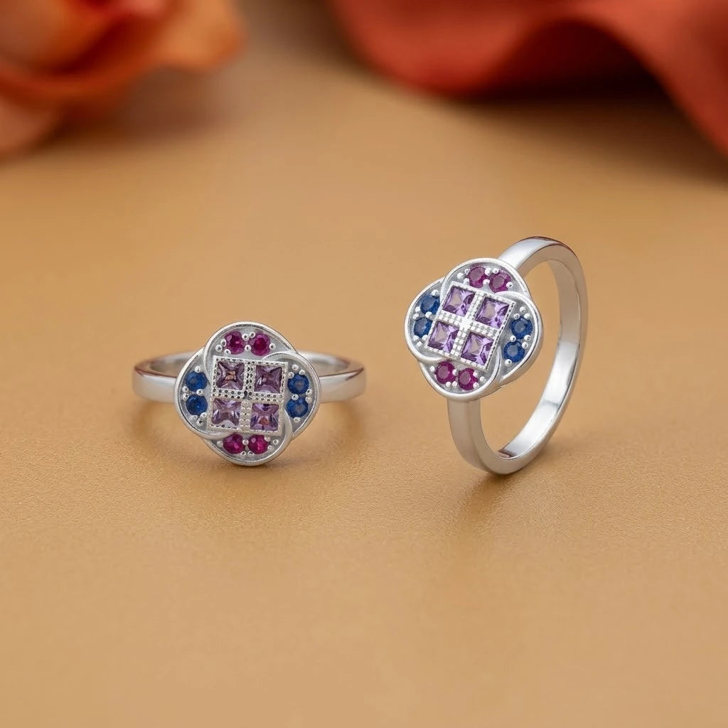 Silver Purple and Blue Gem Stone with Flower Design Bicchiya for Girls