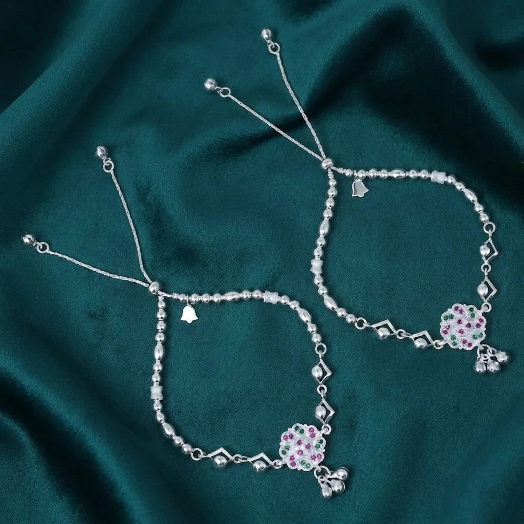 Silver Purple and Green Gem Stone with Silver Beads and Ghungroo Anklet for Girls
