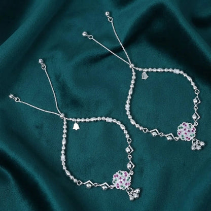 Silver Purple and Green Gem Stone with Silver Beads and Ghungroo Anklet for Girls