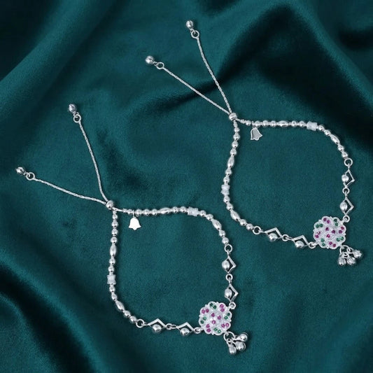 Silver Purple and Green Gem Stone with Silver Beads and Ghungroo Anklet for Girls