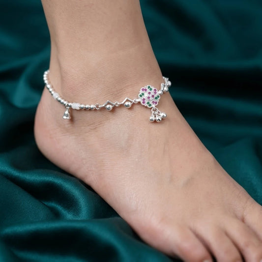 Silver Purple and Green Gem Stone with Silver Beads and Ghungroo Anklet for Girls