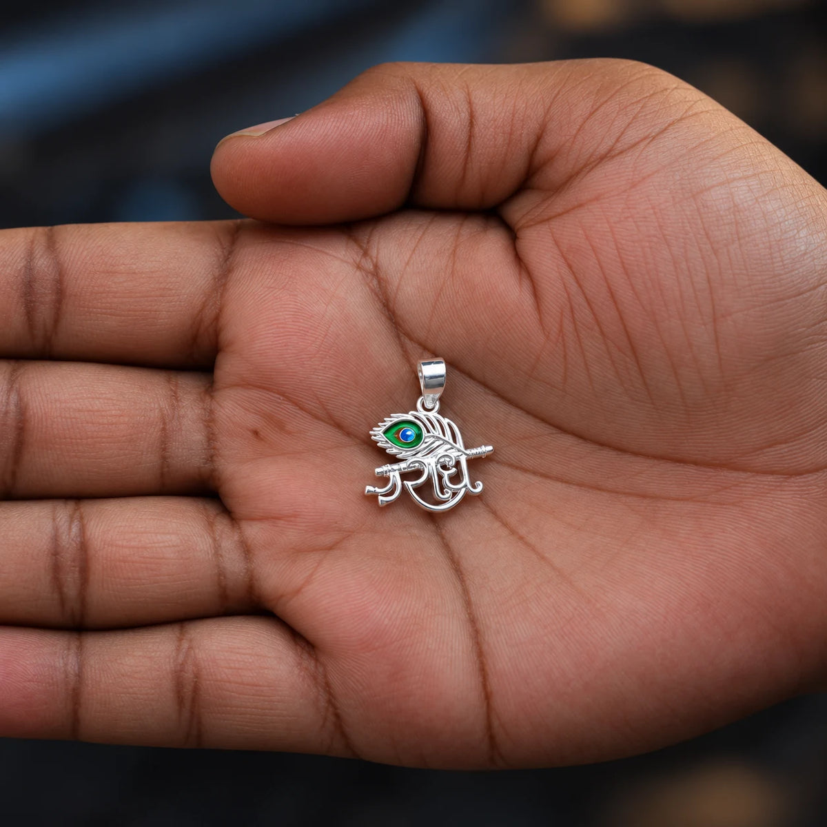 Silver Radha Krishna Peacock Feather Pendant