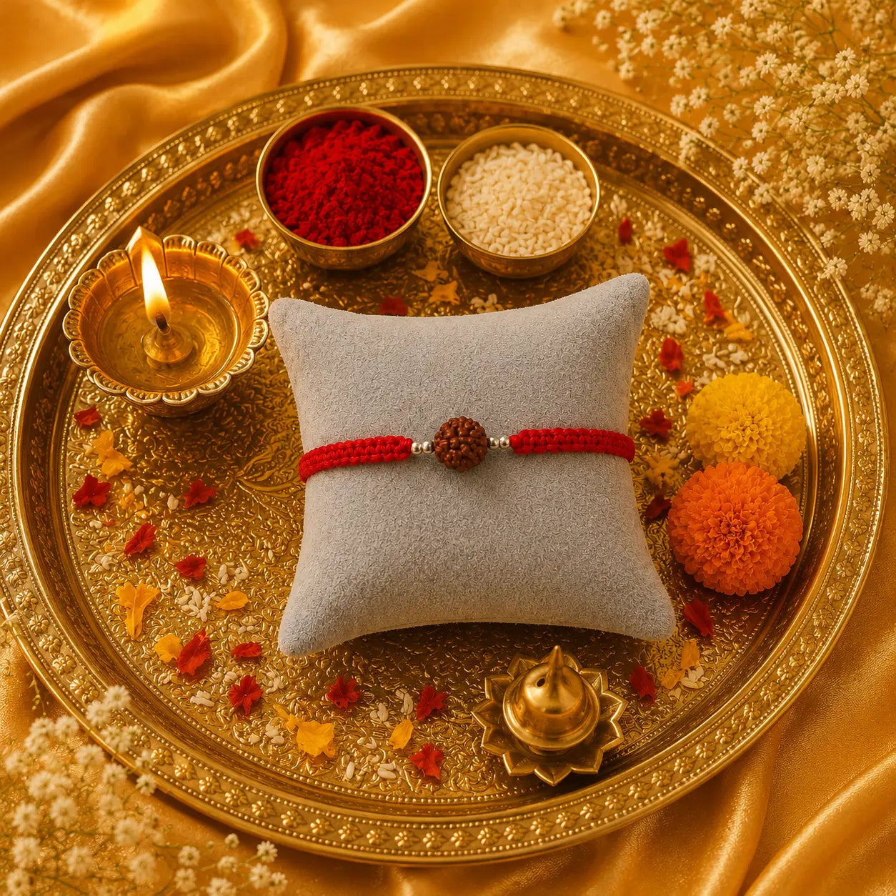 Premium handmade Rudraksha Rakhi with natural Rudraksha bead, silver spacer beads, and red braided thread displayed on a grey velvet cushion with a luxurious Raksha Bandhan festive background featuring kumkum, rice, and golden satin fabric.
