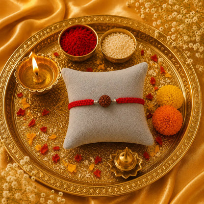 Premium handmade Rudraksha Rakhi with natural Rudraksha bead, silver spacer beads, and red braided thread displayed on a grey velvet cushion with a luxurious Raksha Bandhan festive background featuring kumkum, rice, and golden satin fabric.