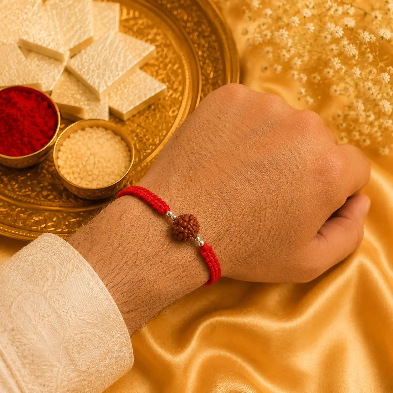 Premium handmade Rudraksha Rakhi with natural Rudraksha bead, silver spacer beads, and red braided thread displayed on a grey velvet cushion with a luxurious Raksha Bandhan festive background featuring kumkum, rice, and golden satin fabric.
