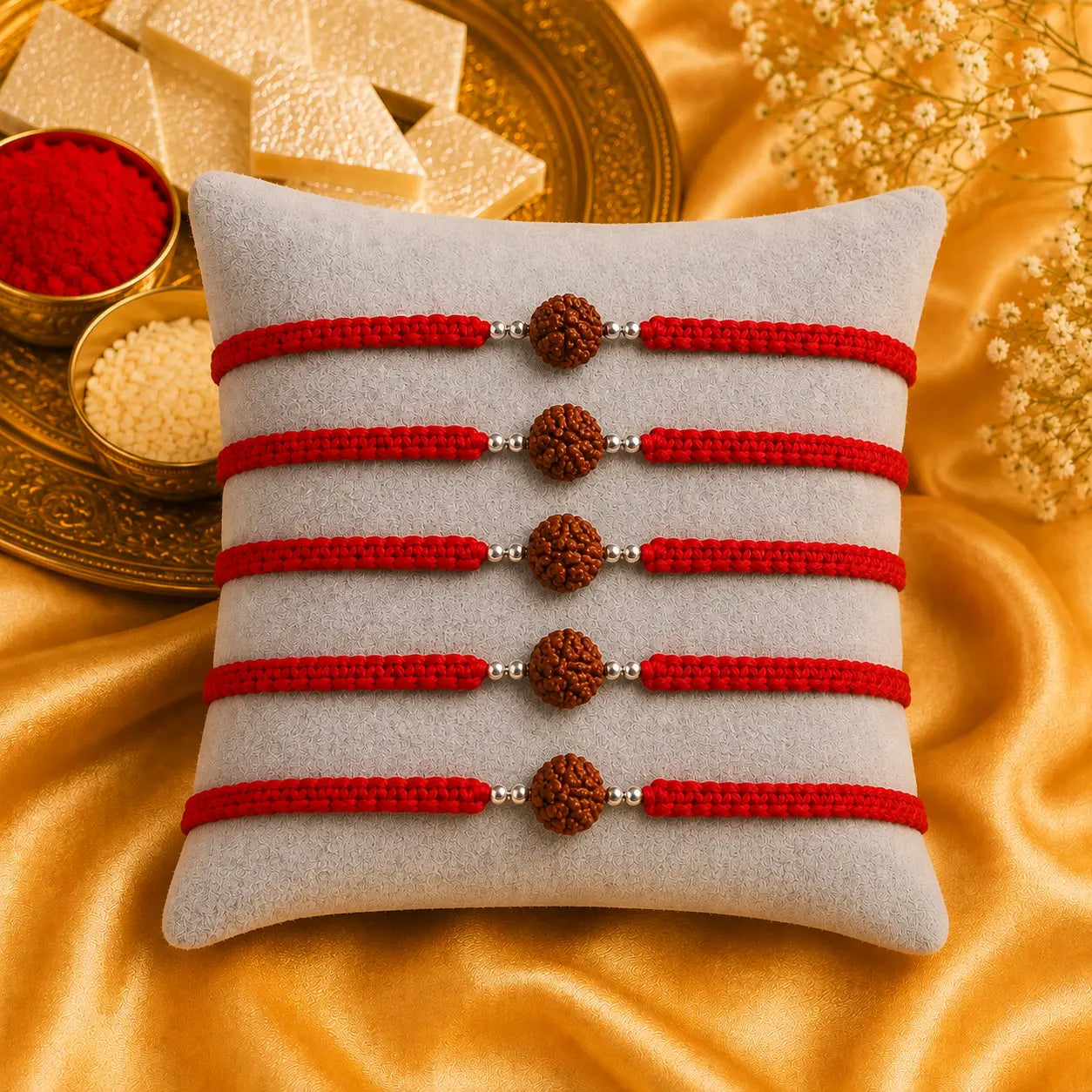 Premium handmade Rudraksha Rakhi with natural Rudraksha bead, silver spacer beads, and red braided thread displayed on a grey velvet cushion with a luxurious Raksha Bandhan festive background featuring kumkum, rice, and golden satin fabric.