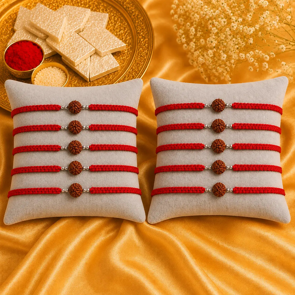 Premium handmade Rudraksha Rakhi with natural Rudraksha bead, silver spacer beads, and red braided thread displayed on a grey velvet cushion with a luxurious Raksha Bandhan festive background featuring kumkum, rice, and golden satin fabric.