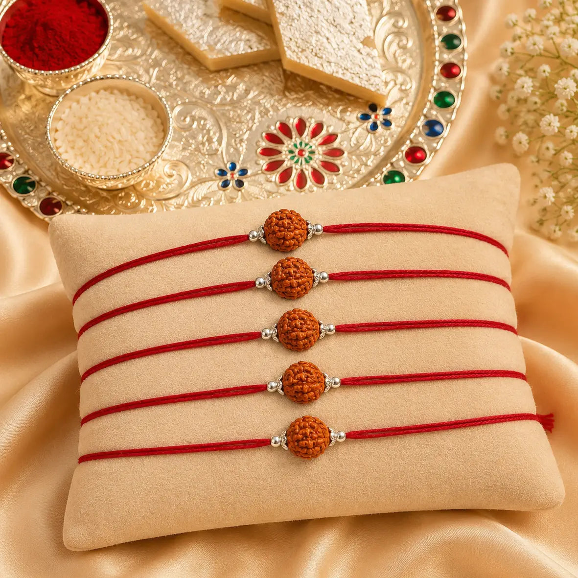 Silver Rakhi for Brother Rudraksha & Bud Accents
