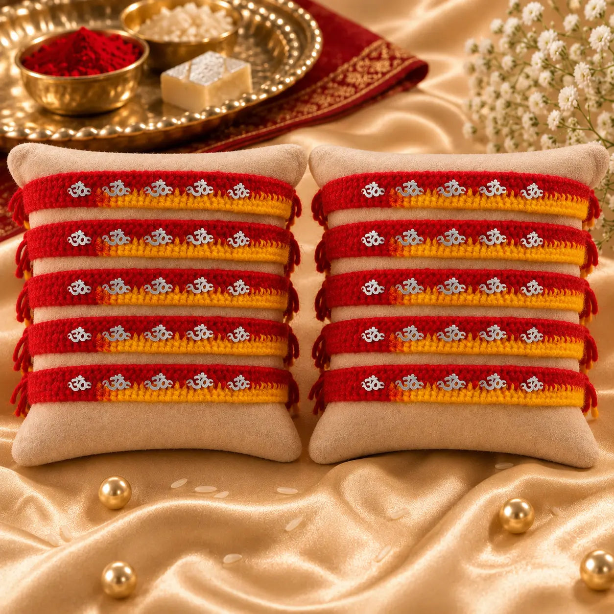 "Set of 10 handcrafted red and yellow thread Rakhis with silver Om charms displayed on a beige velvet cushion, perfect for Raksha Bandhan celebrations."