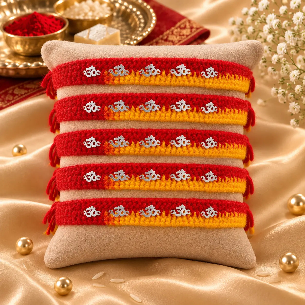"Set of 5 handcrafted red and yellow thread Rakhis with silver Om charms displayed on a beige velvet cushion, perfect for Raksha Bandhan celebrations."