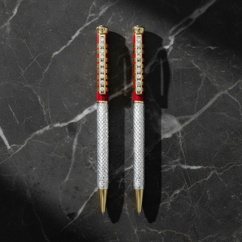 Silver Red Design With White Gemstone Pen (2 pcs Combo)