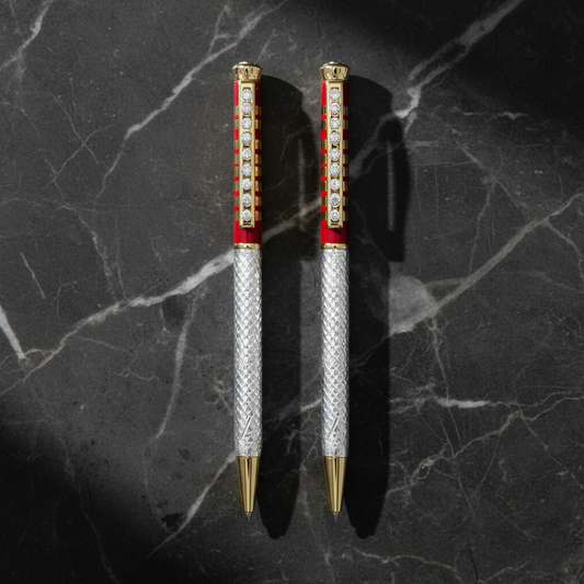 Silver Red Design With White Gemstone Pen (2 pcs Combo)