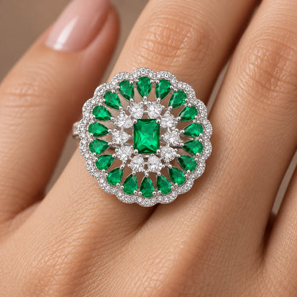Silver Ring for Women with Green Mini Stones and Center Gem
