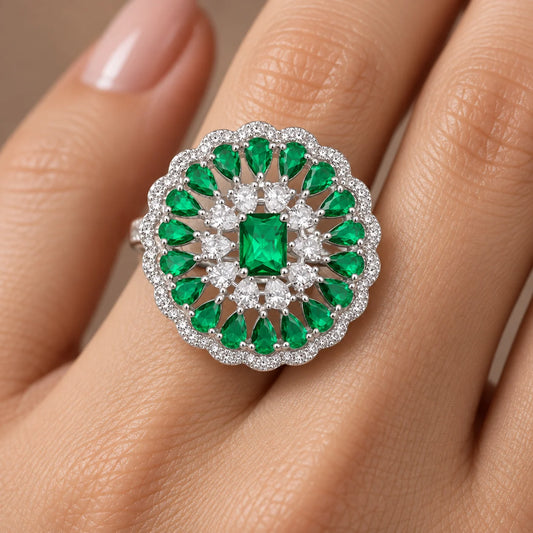 Silver Ring for Women with Green Mini Stones and Center Gem
