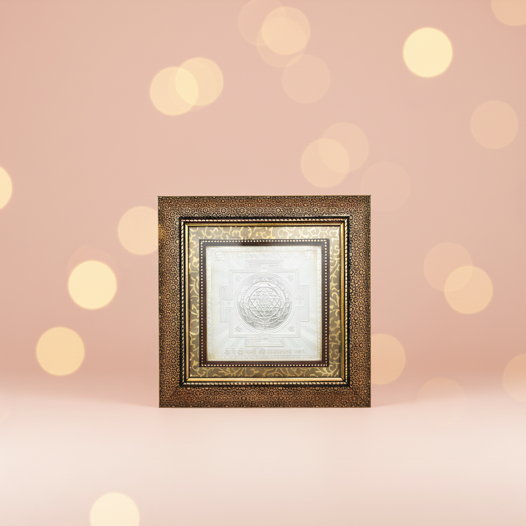 Silver Shree Yantra(Lakshmi Yantra) with Brown Wooden Frame