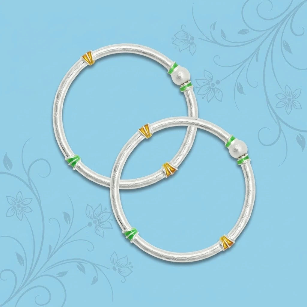 Silver Simple Green and Yellow Lining kada