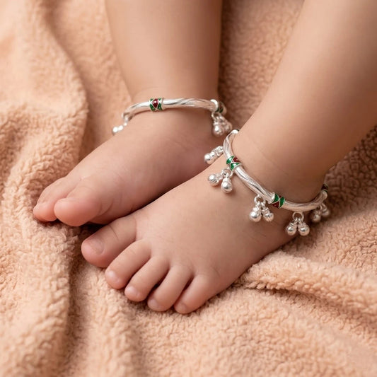 Silver Simple Lining Design with Ghungroo Anklet for Baby