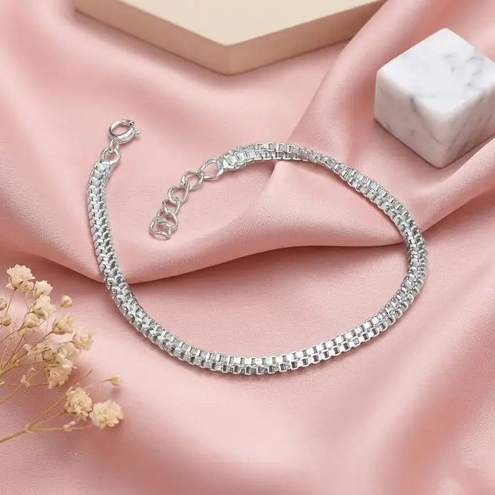 925 Sterling Silver Square Box Chain Bracelet for Boys and Men with High Polish Finishing  on Soft Pink Satin Background
